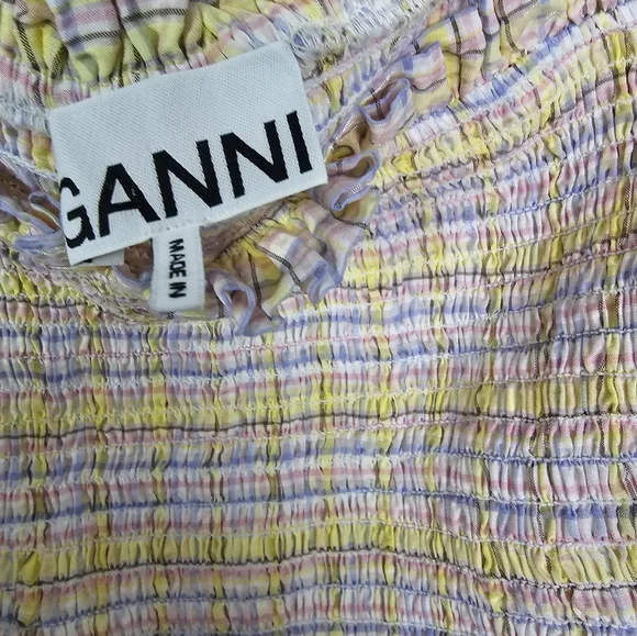 Ganni Searsucker Multi Color SmockedDress Check Plaid Size 44 US 12